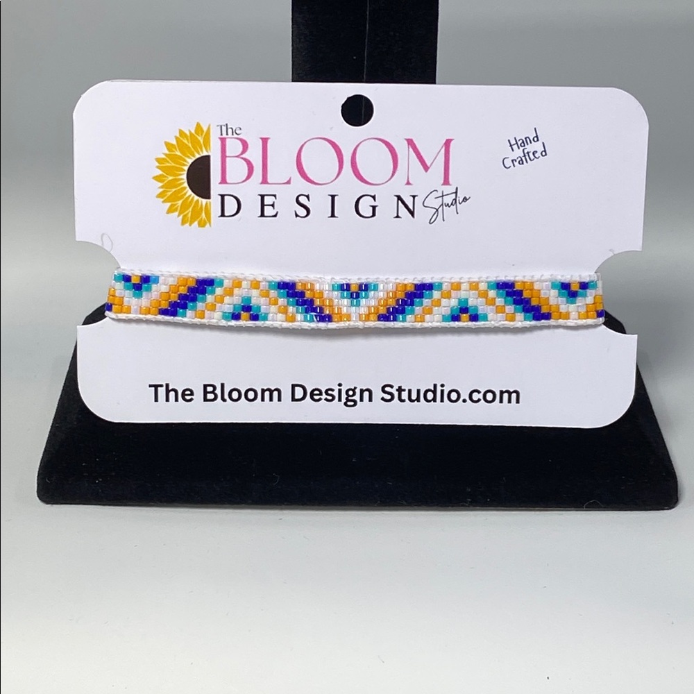 Handcrafted Beaded Bracelet with Blue and Orange Accents Native American Style